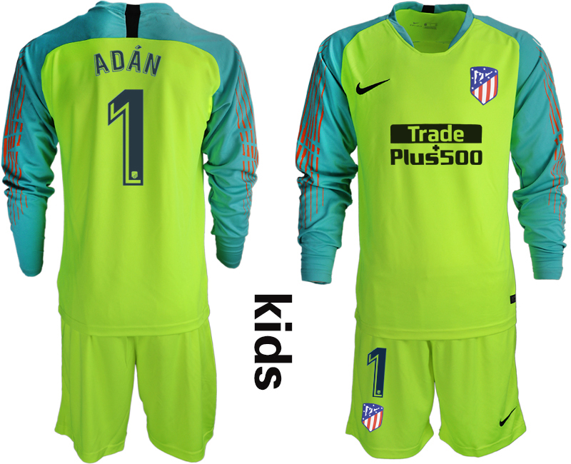 2018_2019 Club Atletico Madrid fluorescent green long sleeve Youth goalkeeper #1 soccer jerseys